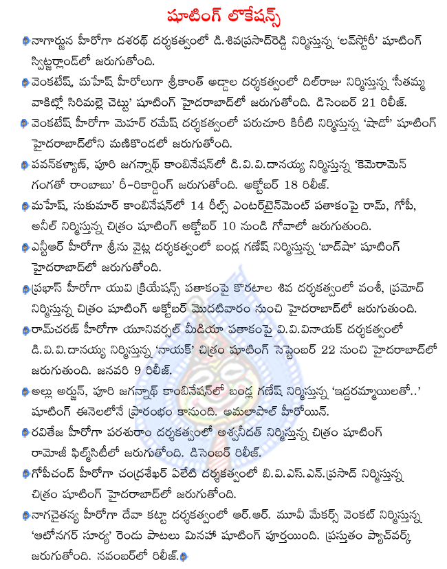 nagarjuna in love story shooting,venkatesh in shadow shooting,raviteja in parasuram movie shooting,prabhas in varadhi shooting,ntr in badshah shooting,allu arjun in iddarammayilatho shooting  nagarjuna in love story shooting, venkatesh in shadow shooting, raviteja in parasuram movie shooting, prabhas in varadhi shooting, ntr in badshah shooting, allu arjun in iddarammayilatho shooting